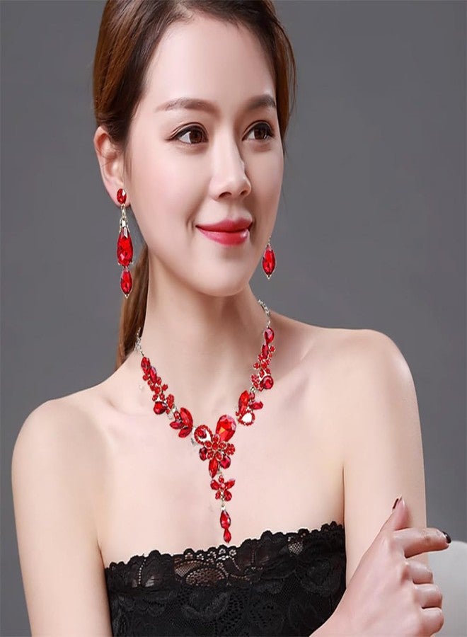 Zthread Rhinestone Crystal Bridal Necklace Floarl Teardrop Collar Necklace Dangle Earrings Jewelry Set for Women (Red) - Image 2