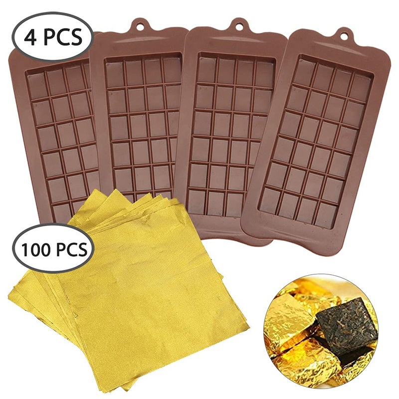 FineGood 4 PCS Chocolate Bar Mold with 100 Gold Foil Wrappers, FineGood Non-stick Chocolate Molds Silicone Candy Bar Mold Break-Apart Silicone Chocolate Mold - Image 2