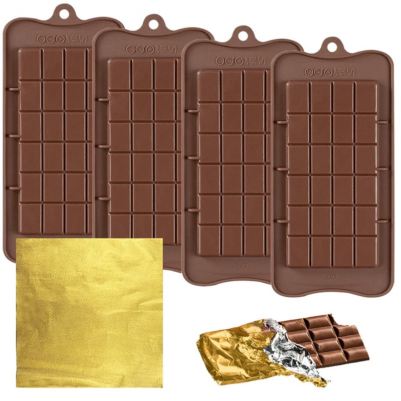 FineGood 4 PCS Chocolate Bar Mold with 100 Gold Foil Wrappers, FineGood Non-stick Chocolate Molds Silicone Candy Bar Mold Break-Apart Silicone Chocolate Mold - Image 1