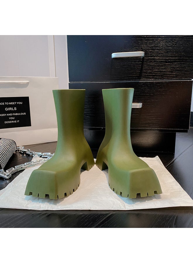 Men's And Women's Paris Fashion Popular Square-toe Rain Boots, Everyday Versatile Mid-high Boots, Thick Soles, Increased Non-slip Couple Shoes