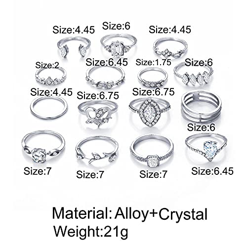 BELICEY 9-15PCS Knuckle Stacking Rings Set for Women Crystal Rhinestone Finger Statement Ring Sets Vintage Joint Knot Mid Rings Stackable Rings Jewelry Accessories (Silver-Cryst Rhinestone) - Image 5