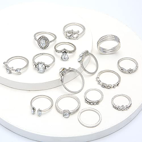 BELICEY 9-15PCS Knuckle Stacking Rings Set for Women Crystal Rhinestone Finger Statement Ring Sets Vintage Joint Knot Mid Rings Stackable Rings Jewelry Accessories (Silver-Cryst Rhinestone) - Image 3