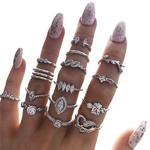 BELICEY 9-15PCS Knuckle Stacking Rings Set for Women Crystal Rhinestone Finger Statement Ring Sets Vintage Joint Knot Mid Rings Stackable Rings Jewelry Accessories (Silver-Cryst Rhinestone) - Image 1
