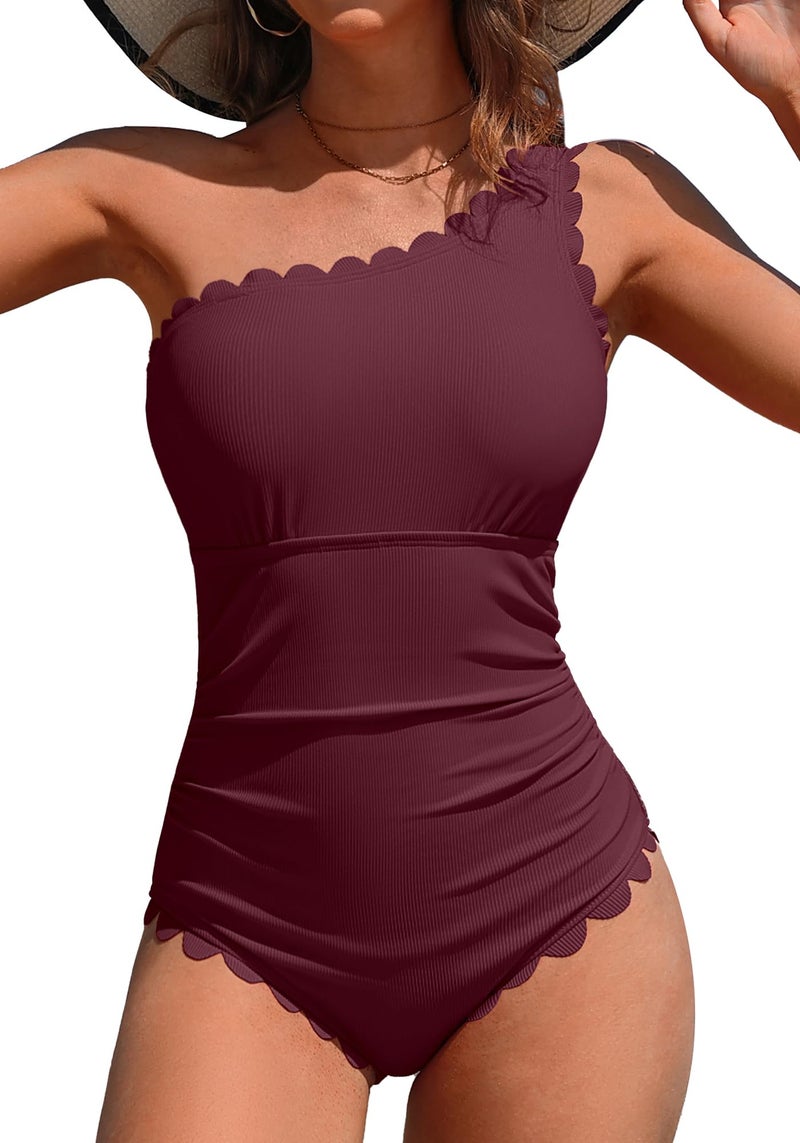 Charmo Womens One Piece Swimsuits Scalloped One Shoulder Bathing Suit for Women Ribbed Tummy Control Swim Suit Swimwear Burgundy M - Image 1