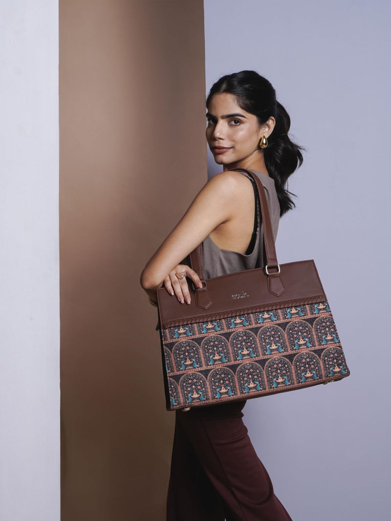 ZOUK Statement Business Bag | Stylish Handbag for Women Office Use | Tote Bags for Woman | Fits 14 Inch Laptop | Water-Resistant | Big Size | Aesthetic Purse | Royal Indian Peacock Motif - Image 2