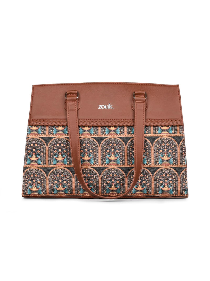 ZOUK Statement Business Bag | Stylish Handbag for Women Office Use | Tote Bags for Woman | Fits 14 Inch Laptop | Water-Resistant | Big Size | Aesthetic Purse | Royal Indian Peacock Motif - Image 1