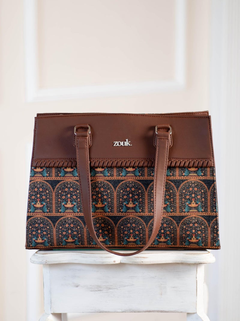 ZOUK Statement Business Bag | Stylish Handbag for Women Office Use | Tote Bags for Woman | Fits 14 Inch Laptop | Water-Resistant | Big Size | Aesthetic Purse | Royal Indian Peacock Motif - Image 3
