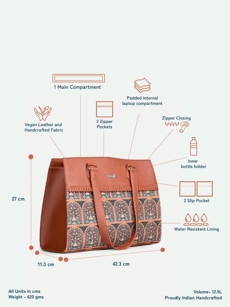 ZOUK Statement Business Bag | Stylish Handbag for Women Office Use | Tote Bags for Woman | Fits 14 Inch Laptop | Water-Resistant | Big Size | Aesthetic Purse | Royal Indian Peacock Motif - Image 4