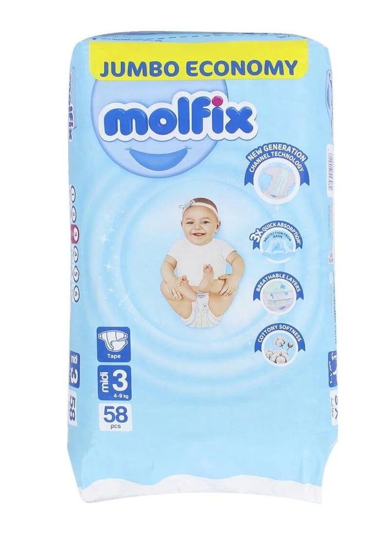 حفاضات ميدي مقاس 3 عبوة جامبو 4-9 كجم - 58 حفاضة - pzsku/Z9786A7D718B059974AE8Z/45/_/1722347113/45ee83f9-37a3-418b-90a9-1258fcfd7063