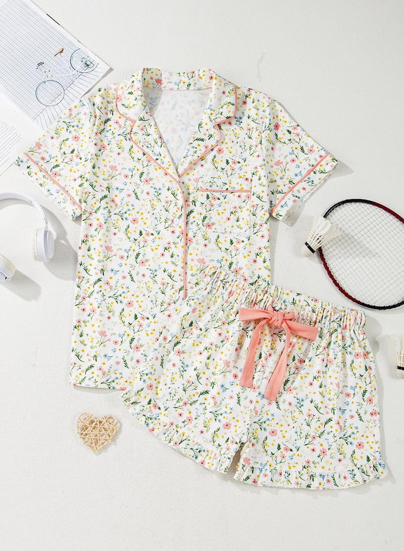 KevaMolly Womens Lounge Sets Floral Bow Printed Pocketed Knotted PJ Set Short Sleeve Xmas Top and Shorts Floral White M - Image 3
