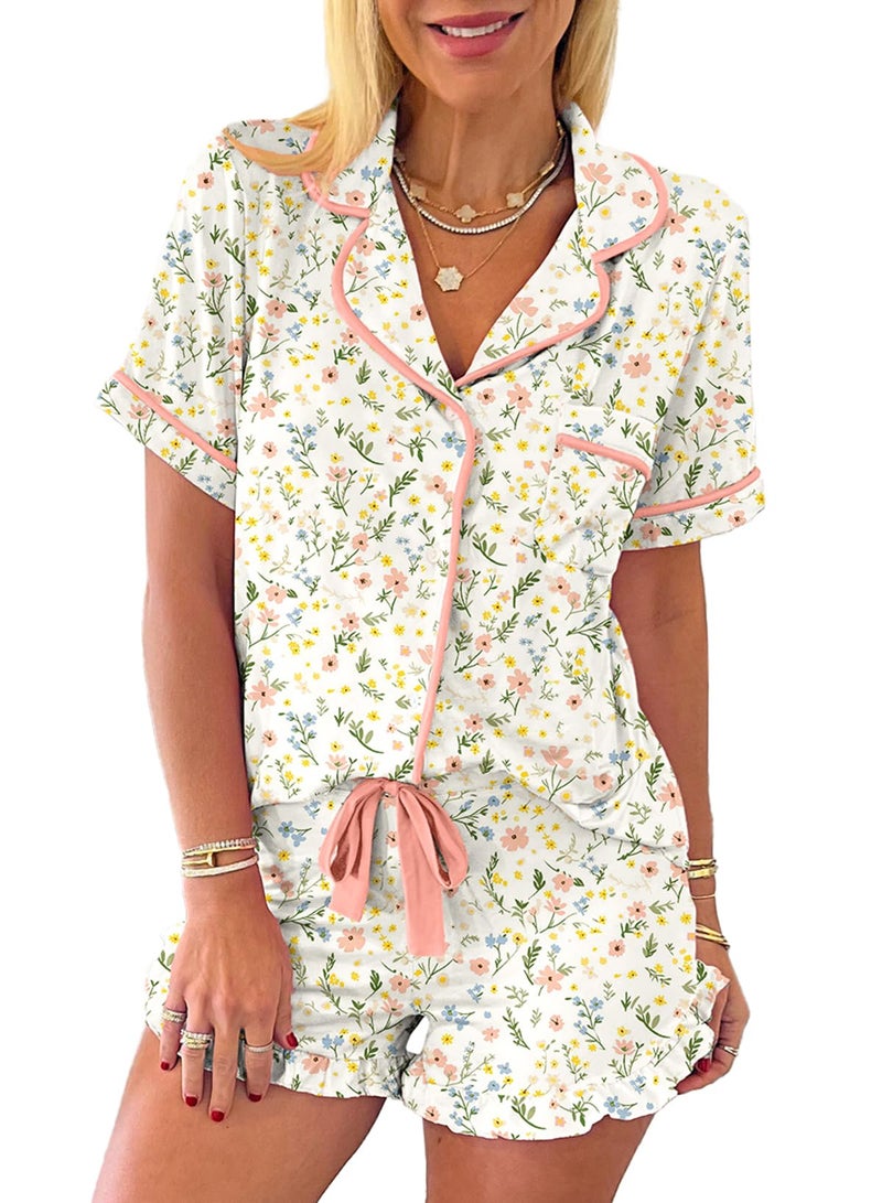 KevaMolly Womens Lounge Sets Floral Bow Printed Pocketed Knotted PJ Set Short Sleeve Xmas Top and Shorts Floral White M - Image 1