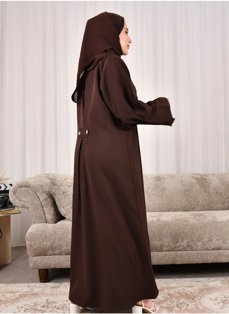 HAWRAA ABAYA Dark brown formal blazer abaya with pleats at the back and buttoned sleeves