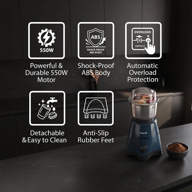 Saachi 2-in-1 Blender Grinder NL-BL-4420, Stainless Steel Jars with Dome Lids, Heavy-Duty Motor, 3-Speed Control with Pulse, for Dry & Wet Blending, Made in India 550 W NL-BL-4420-BL Blue - Image 2