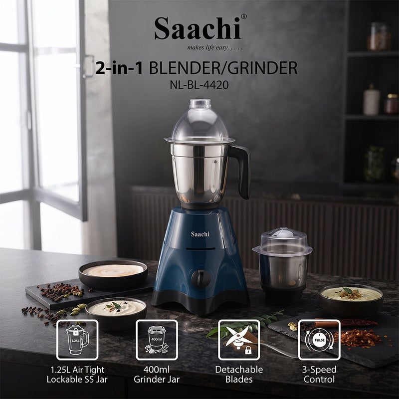 Saachi 2-in-1 Blender Grinder NL-BL-4420, Stainless Steel Jars with Dome Lids, Heavy-Duty Motor, 3-Speed Control with Pulse, for Dry & Wet Blending, Made in India 550 W NL-BL-4420-BL Blue - Image 4