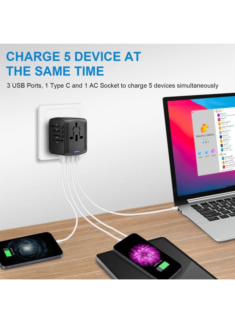 TIKNIA - Travel Adapter, TIKNIA Universal Travel Adapter - 3 USB + 1 Type C in One Travel Charger with UK/US/AUS/EU Plugs and Socket, International Power Adapter Wall Charger (Type-c Black) - Image 1
