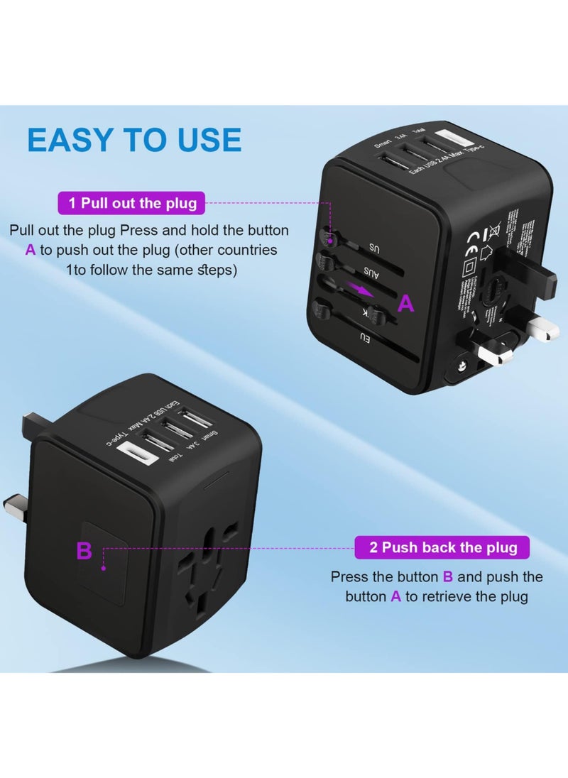 TIKNIA - Travel Adapter, TIKNIA Universal Travel Adapter - 3 USB + 1 Type C in One Travel Charger with UK/US/AUS/EU Plugs and Socket, International Power Adapter Wall Charger (Type-c Black) - Image 1