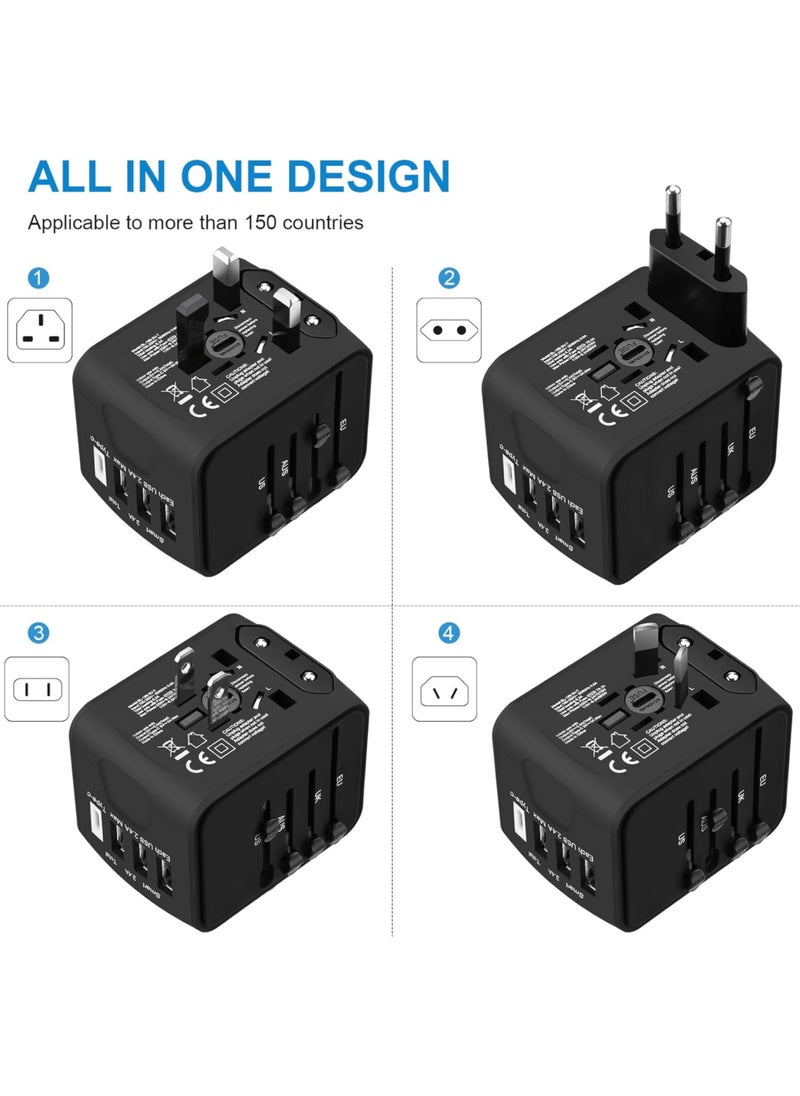 TIKNIA - Travel Adapter, TIKNIA Universal Travel Adapter - 3 USB + 1 Type C in One Travel Charger with UK/US/AUS/EU Plugs and Socket, International Power Adapter Wall Charger (Type-c Black) - Image 1
