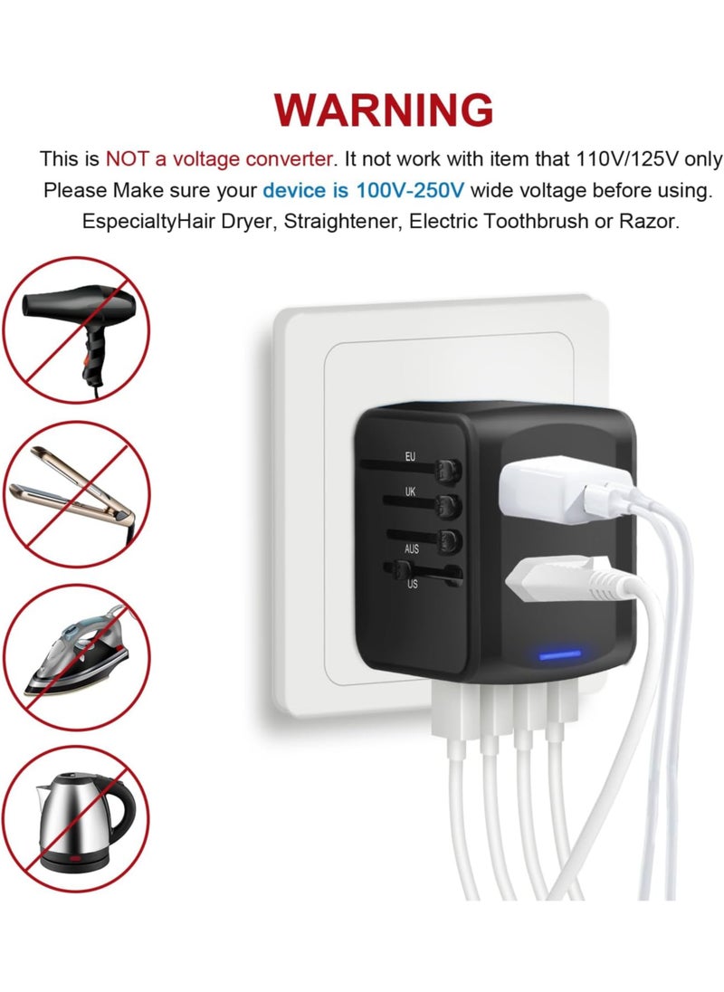 TIKNIA - Travel Adapter, TIKNIA Universal Travel Adapter - 3 USB + 1 Type C in One Travel Charger with UK/US/AUS/EU Plugs and Socket, International Power Adapter Wall Charger (Type-c Black) - Image 1