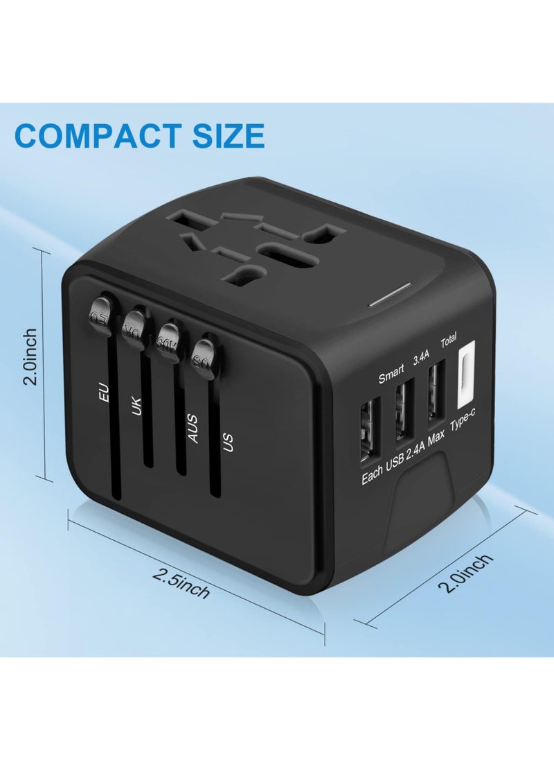 TIKNIA - Travel Adapter, TIKNIA Universal Travel Adapter - 3 USB + 1 Type C in One Travel Charger with UK/US/AUS/EU Plugs and Socket, International Power Adapter Wall Charger (Type-c Black) - Image 1
