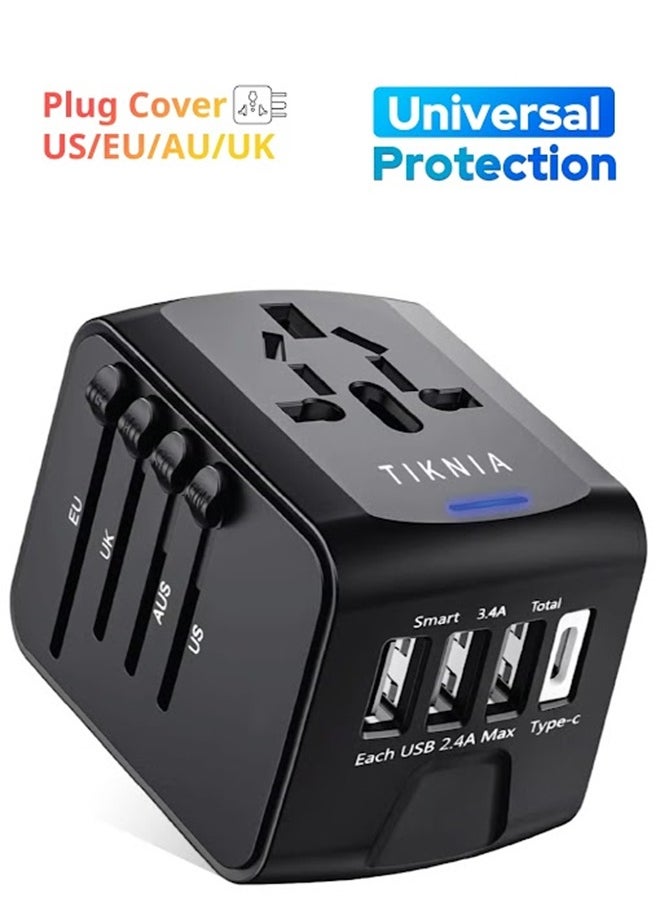 TIKNIA - Travel Adapter, TIKNIA Universal Travel Adapter - 3 USB + 1 Type C in One Travel Charger with UK/US/AUS/EU Plugs and Socket, International Power Adapter Wall Charger (Type-c Black) - Image 1