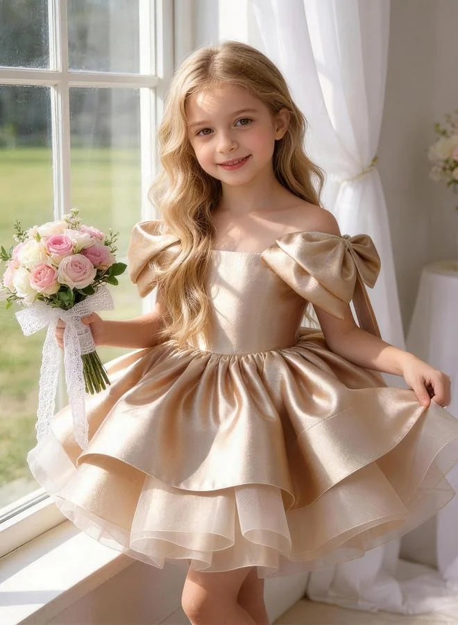 Take Two Girls Off Shoulder Bow Sleeve Dress