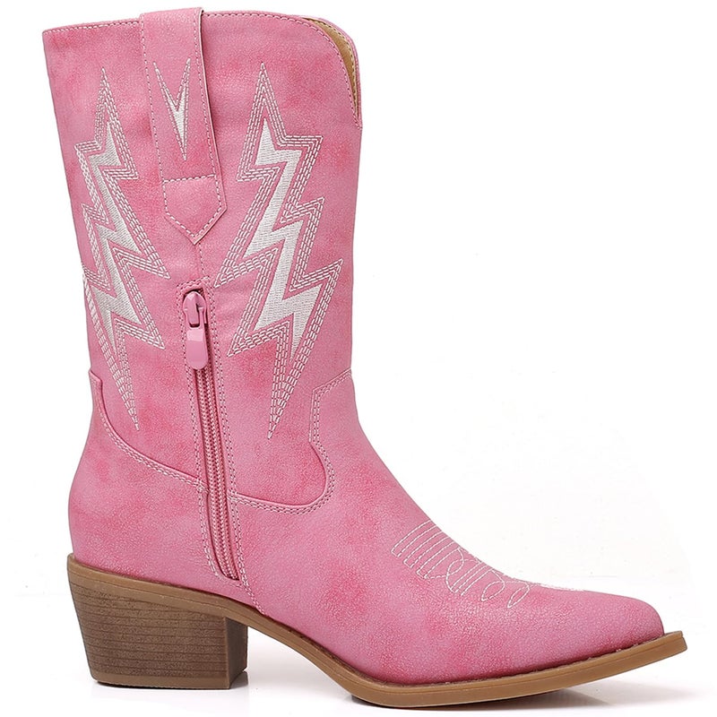 GLOBALWIN Women's Pink Cowboy Boots Western Mid Calf Disco Cowgirl Boots For Women Chunky Low Heel 8M - Image 3