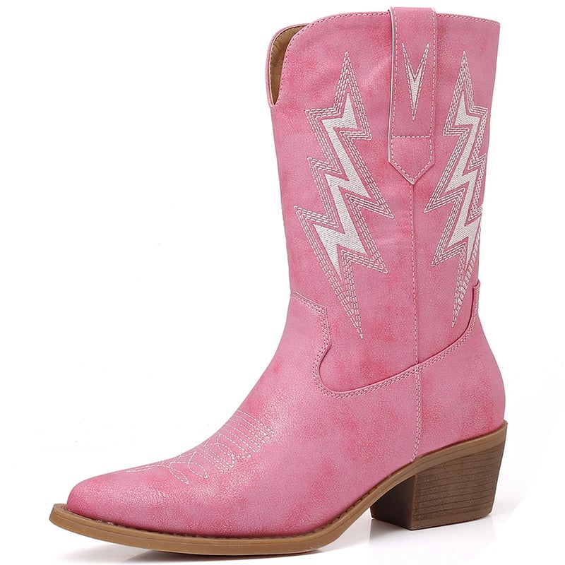 GLOBALWIN Women's Pink Cowboy Boots Western Mid Calf Disco Cowgirl Boots For Women Chunky Low Heel 8M - Image 1