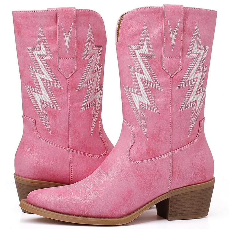 GLOBALWIN Women's Pink Cowboy Boots Western Mid Calf Disco Cowgirl Boots For Women Chunky Low Heel 8M - Image 2