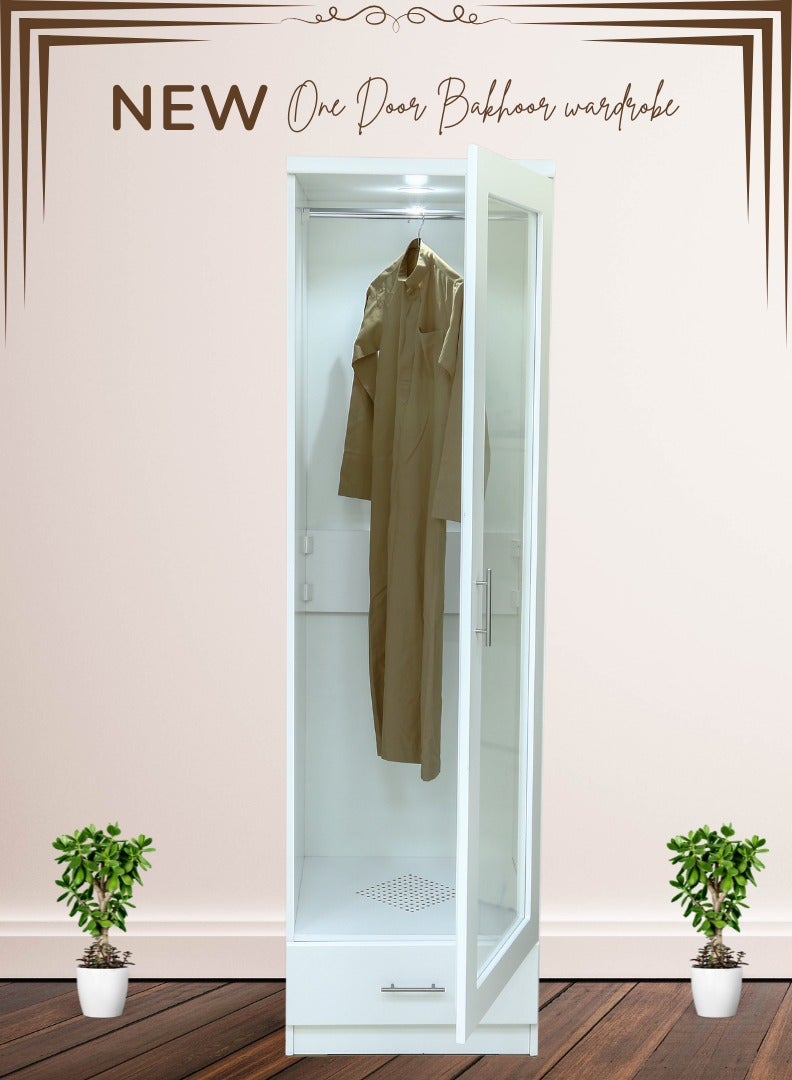AFT Modern Bakhoor Wardrobe with LED Lighting, Perforated Base, and Fragrance Ventilation System.  Modern Bakhoor Wardrobe is ideal for those who appreciate the traditional practice of using bakhoor while maintaining a contemporary, organized living space. Whether you’re looking to enhance your room’s aesthetic or enjoy the practical benefits of scent-infused clothing, this wardrobe is the perfect blend of style, functionality, and luxury. White (Arfan) - Image 2