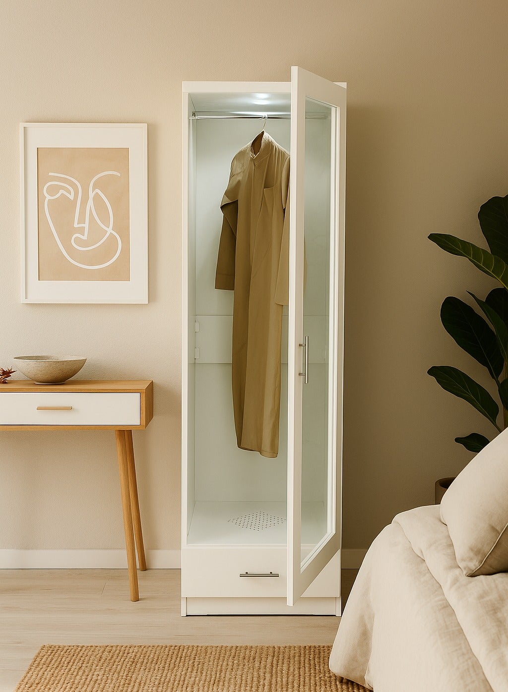 Modern Bakhoor Wardrobe with LED Lighting, Perforated Base, and Fragrance Ventilation System. Modern Bakhoor Wardrobe is ideal for those who appreciate the traditional practice of using bakhoor while maintaining a contemporary, organized living space. Whether you’re looking to enhance your room’s aesthetic or enjoy the practical benefits of scent-infused clothing, this wardrobe is the perfect blend of style, functionality, and luxury. White (Arfan)