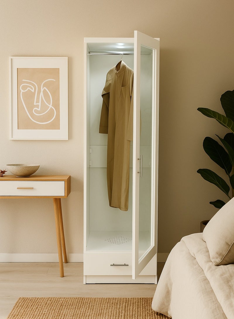 AFT Modern Bakhoor Wardrobe with LED Lighting, Perforated Base, and Fragrance Ventilation System.  Modern Bakhoor Wardrobe is ideal for those who appreciate the traditional practice of using bakhoor while maintaining a contemporary, organized living space. Whether you’re looking to enhance your room’s aesthetic or enjoy the practical benefits of scent-infused clothing, this wardrobe is the perfect blend of style, functionality, and luxury. White (Arfan) - Image 1