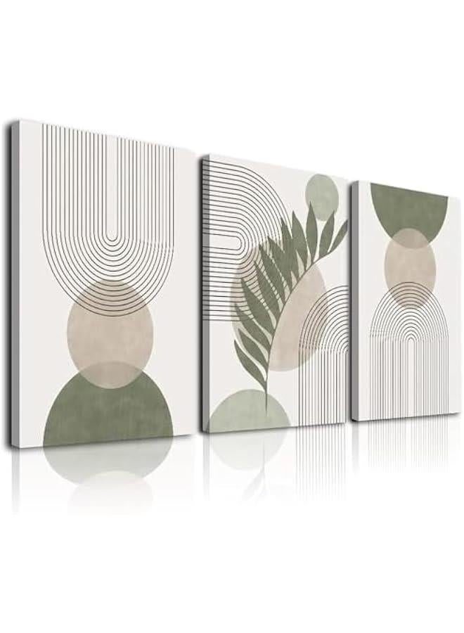 KBKBART Sage Green Boho Wall Art Set of 3, Minimalist Framed Wall Art Geometric Line Leaf Sun Moon Beige Green Canvas Artwork Paintings, Abstract Botanical Boho Room Decor, Office, 12x16 - Image 1