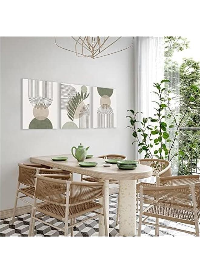 KBKBART Sage Green Boho Wall Art Set of 3, Minimalist Framed Wall Art Geometric Line Leaf Sun Moon Beige Green Canvas Artwork Paintings, Abstract Botanical Boho Room Decor, Office, 12x16 - Image 5