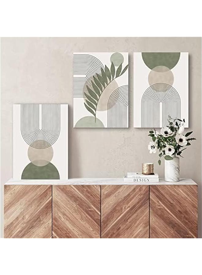 KBKBART Sage Green Boho Wall Art Set of 3, Minimalist Framed Wall Art Geometric Line Leaf Sun Moon Beige Green Canvas Artwork Paintings, Abstract Botanical Boho Room Decor, Office, 12x16 - Image 3