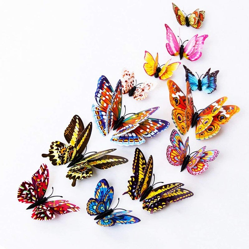 DaGou Mixed of 12PCS 3D Pink Butterfly Wall Stickers Decor Art Decorations 2Colorful