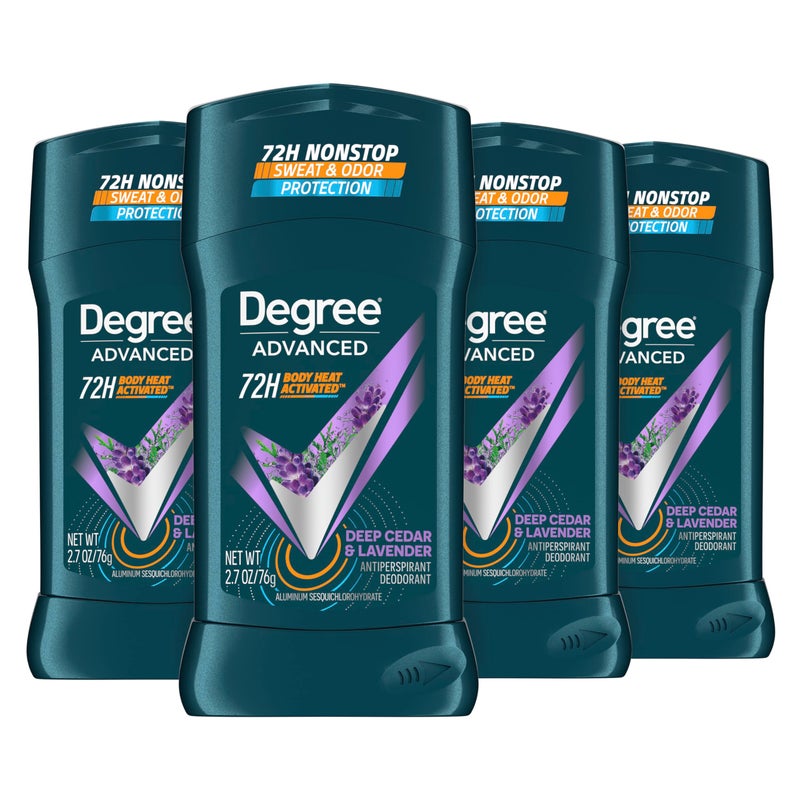 Degree Men Antiperspirant Deodorant Stick Deep Cedar  Lavender 4 Count 72Hour Sweat and Odor Protection Deodorant for Men With Body Heat Activated Technology 27 oz