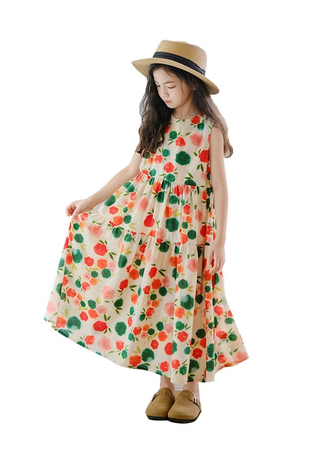 Al Aoyama 2024 New Girls Summer Sleeveless Suspender Dress Summer Party Kids Beach Long Chiffon Dresses Chinese Floral Print Skirt 3-15Y  - Image 1