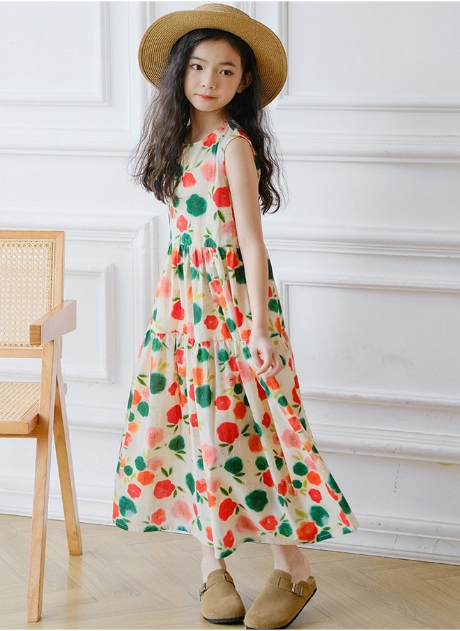 Al Aoyama 2024 New Girls Summer Sleeveless Suspender Dress Summer Party Kids Beach Long Chiffon Dresses Chinese Floral Print Skirt 3-15Y  - Image 3