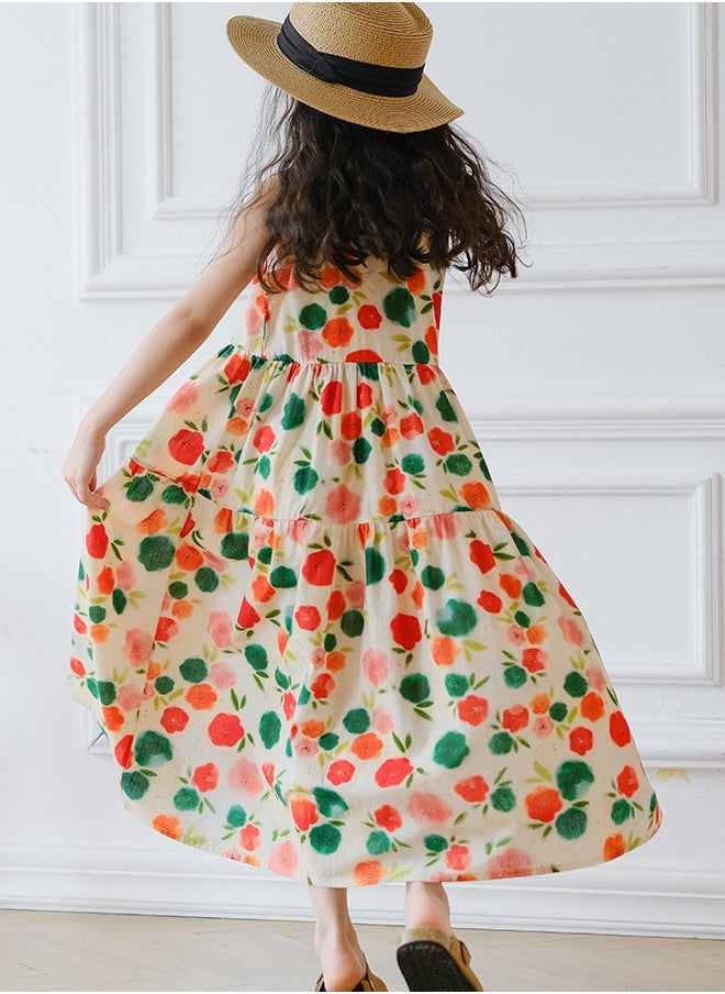 Al Aoyama 2024 New Girls Summer Sleeveless Suspender Dress Summer Party Kids Beach Long Chiffon Dresses Chinese Floral Print Skirt 3-15Y  - Image 4