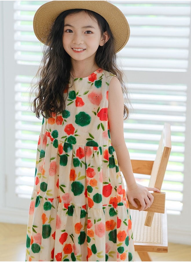 Al Aoyama 2024 New Girls Summer Sleeveless Suspender Dress Summer Party Kids Beach Long Chiffon Dresses Chinese Floral Print Skirt 3-15Y  - Image 5