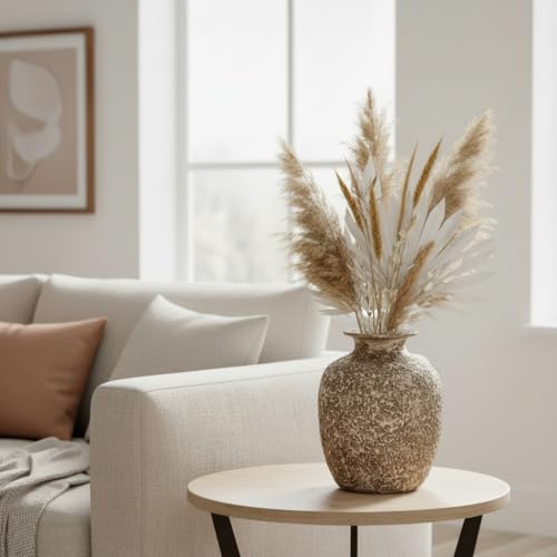 Wancetang Brown Ceramic Vase - 7 Inch Rustic Textured Vase for Flower, Terracotta Farmhouse Vases for Home Decor, Coffee Table, Artificial Branches, Night Stand Decor - Image 3