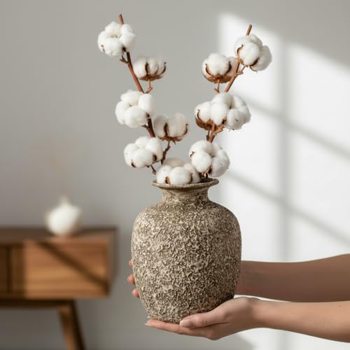 Wancetang Brown Ceramic Vase - 7 Inch Rustic Textured Vase for Flower, Terracotta Farmhouse Vases for Home Decor, Coffee Table, Artificial Branches, Night Stand Decor - Image 5