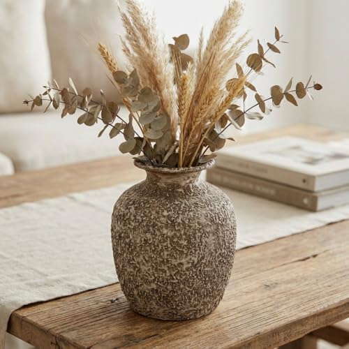Wancetang Brown Ceramic Vase - 7 Inch Rustic Textured Vase for Flower, Terracotta Farmhouse Vases for Home Decor, Coffee Table, Artificial Branches, Night Stand Decor - Image 1