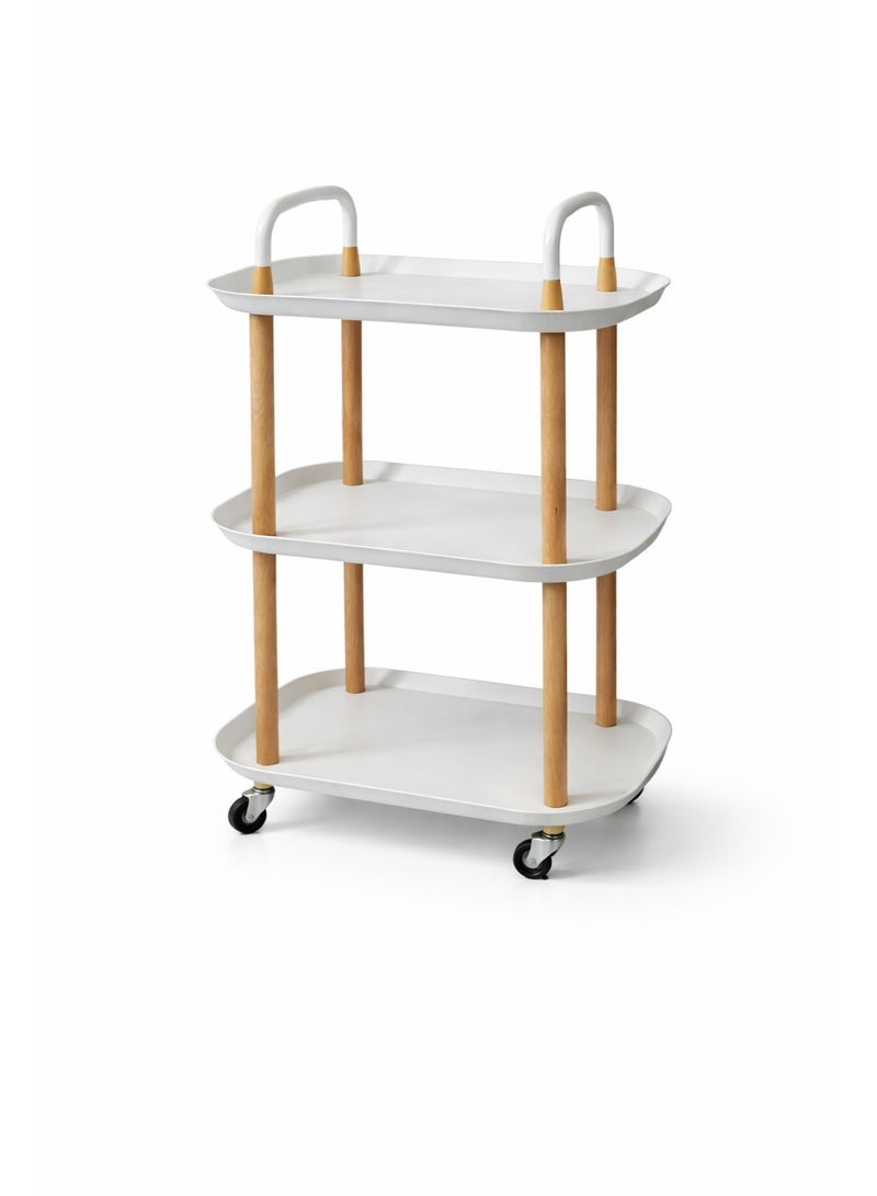 Raqi 3-Tier Rolling Serving Cart – Modern Utility Trolley with Wheels – white Shelves & Wooden Frame – Multi-Purpose Kitchen & Living Room Organizer – Size 81.5×35×56 cm - Image 1