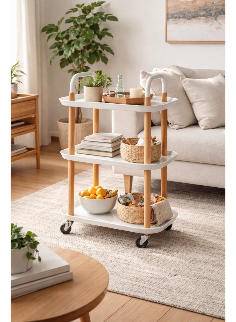 Raqi 3-Tier Rolling Serving Cart – Modern Utility Trolley with Wheels – white Shelves & Wooden Frame – Multi-Purpose Kitchen & Living Room Organizer – Size 81.5×35×56 cm - Image 2