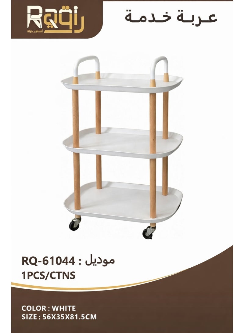 Raqi 3-Tier Rolling Serving Cart – Modern Utility Trolley with Wheels – white Shelves & Wooden Frame – Multi-Purpose Kitchen & Living Room Organizer – Size 81.5×35×56 cm - Image 3