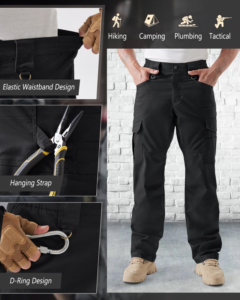IGOLUMON Men's Stretch Tactical Pants,Ripstop Cargo Pants with 11 Pockets, Lightweight Outdoor EDC Work Hiking Pants Black - Image 5