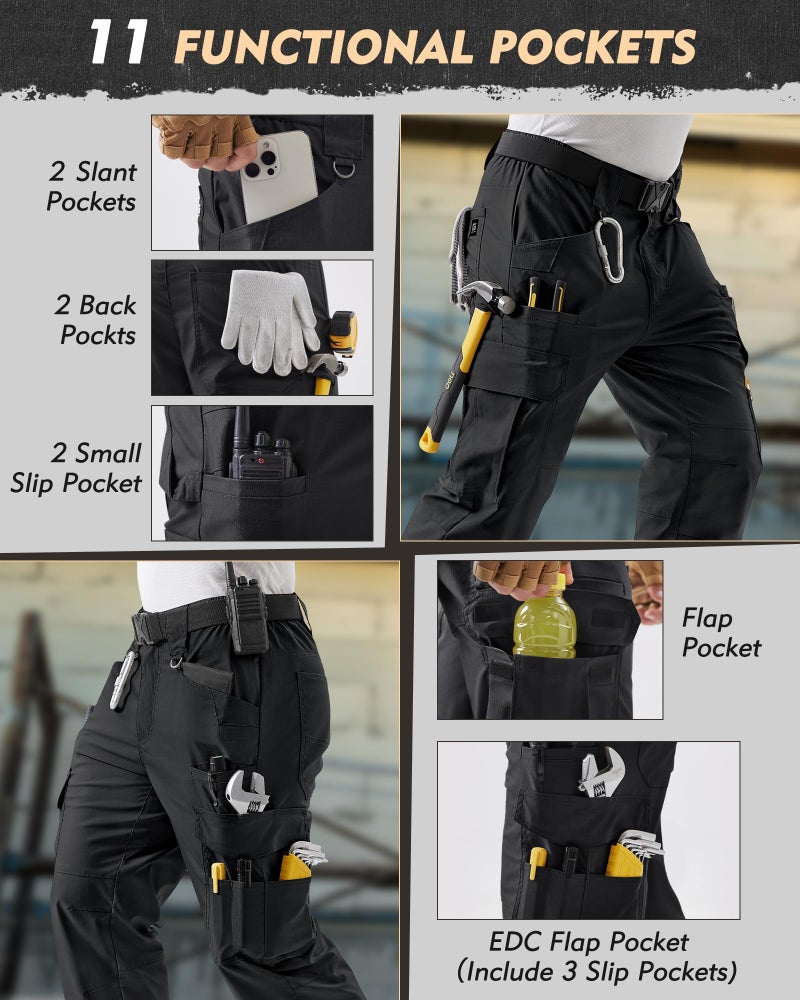 IGOLUMON Men's Stretch Tactical Pants,Ripstop Cargo Pants with 11 Pockets, Lightweight Outdoor EDC Work Hiking Pants Black - Image 3