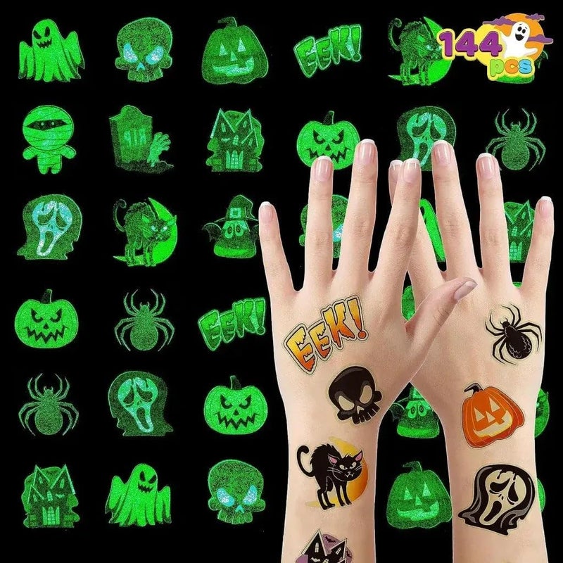 JOYIN 144 PCS Halloween Glowing Temporary Tattoos 12 Designs Luminous Halloween Pumpkin Ghost Tattoo stickers for Kids Glow in The Dark Party Supplies Decoration Party Favors Trick or Treat Gifts