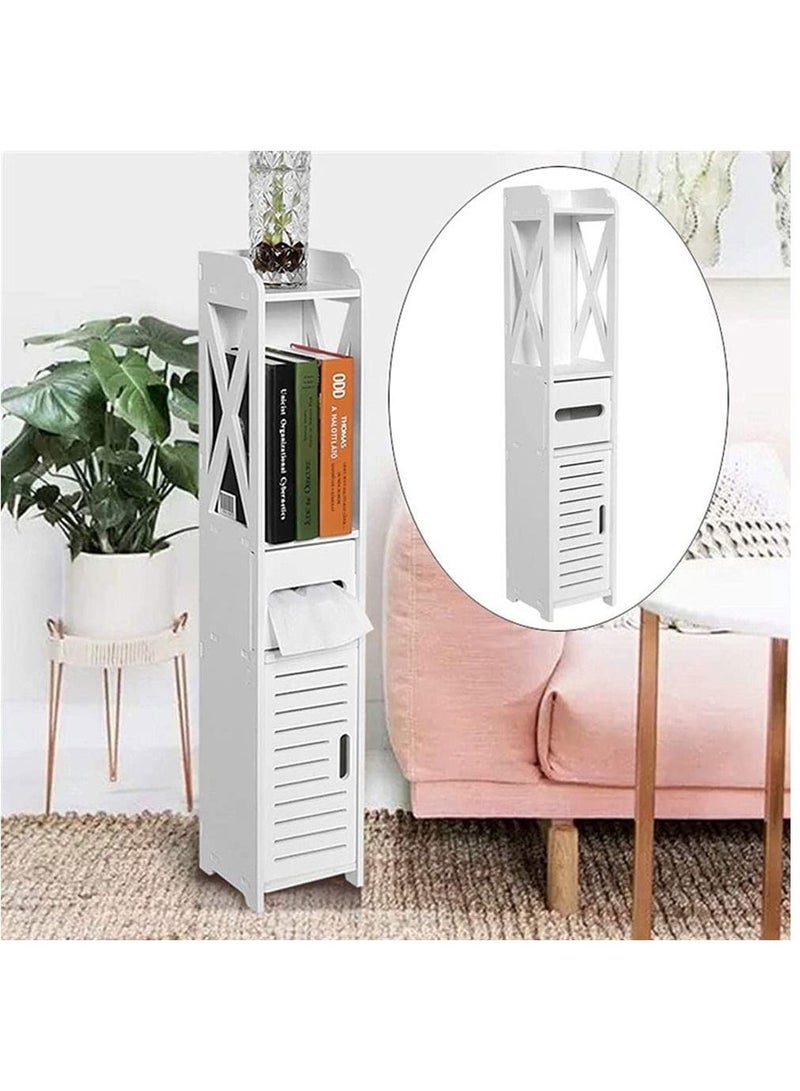 DubaiGallery Bathroom Storage Floor Cabinet，4- Tier Toilet Corner Floor Rack Chest with Doors, Narrow Slim Bathroom Organizer Shelves with Removable Garbage Can for Toilet Paper Holder - Image 1